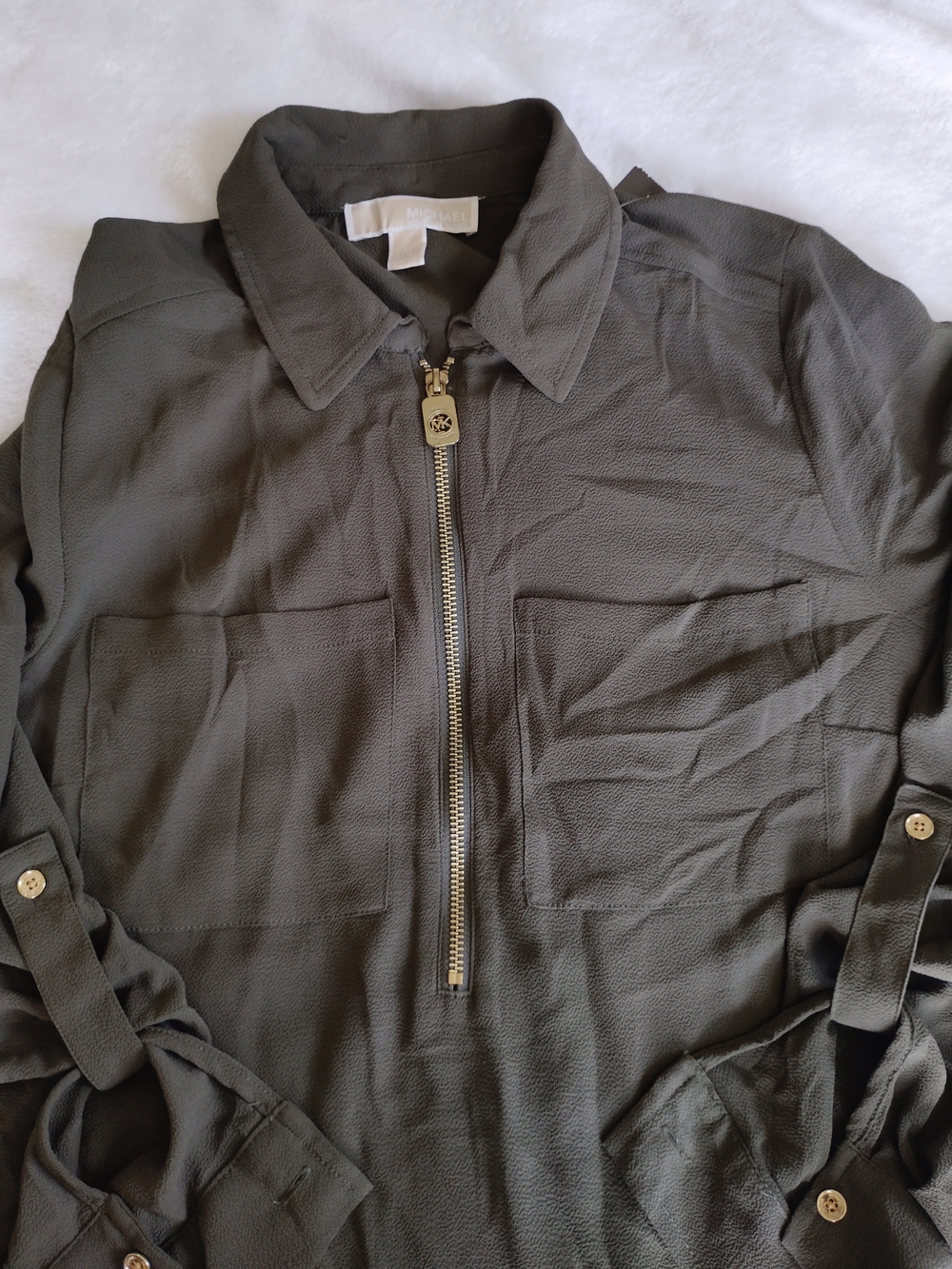 Michael Kors Women's Blouse Olive Green Medium Flowy Gold Accents 3/4 ZipClosure